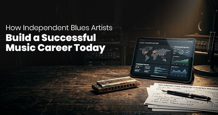 Independent blues artist performing soulful music on stage under red lights