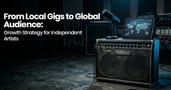 Independent artist performing at a local gig with a spotlight on stage