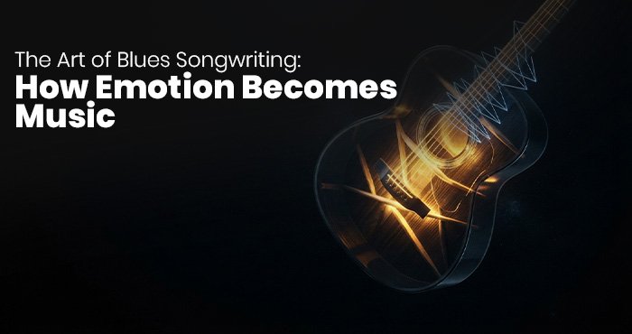 Blues songwriter writing lyrics with a guitar resting beside a notebook